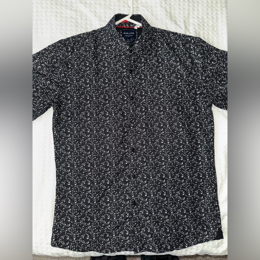 Short Sleeve Button Up Shirt 
Black with design